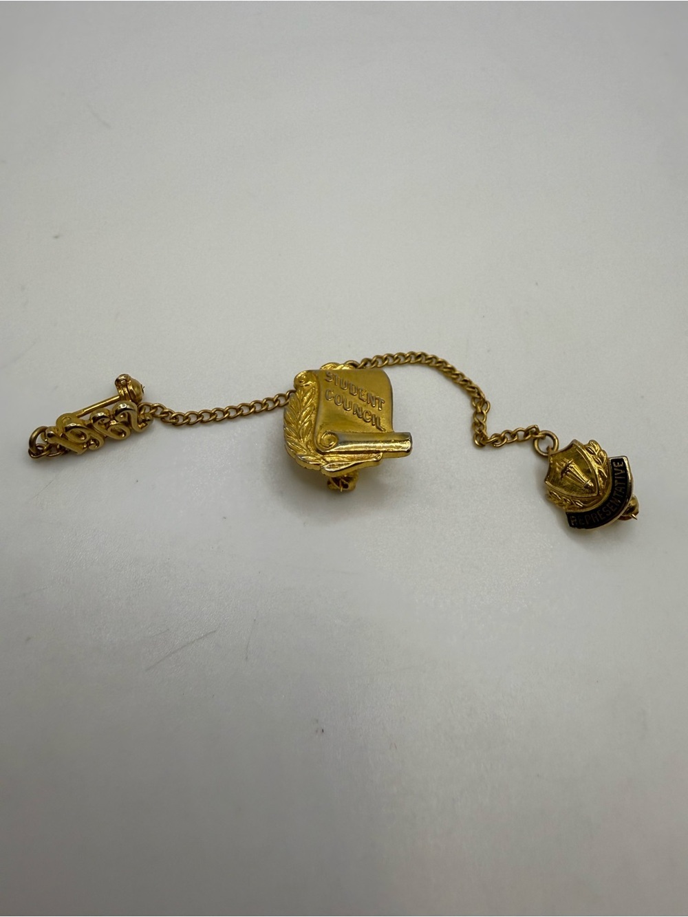 Vintage 1962 Student Council Representative Gold Tone Tie Tack Chain Set